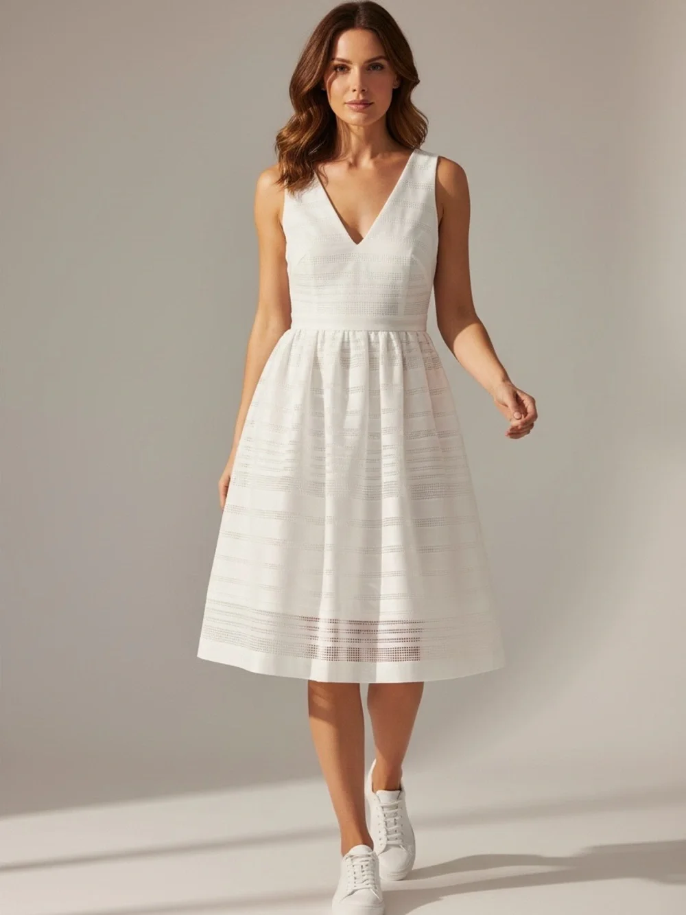 Kate Spade White Ribbon Organza V-Neck Sleeveless Fit & Flare Knee Length Dress